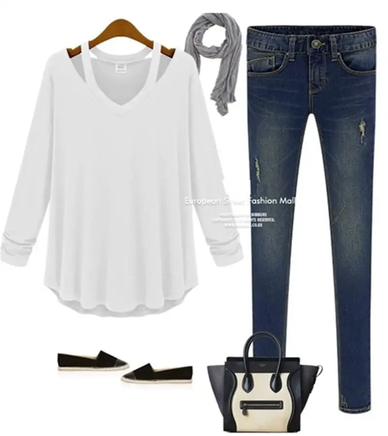 Женская Повседневная рубашка размера плюс, с v-образным вырезом, с открытыми плечами, хлопковая блузка с длинным рукавом, топы, футболки, модная блузка, сорочка для женщин C14 - Цвет: White