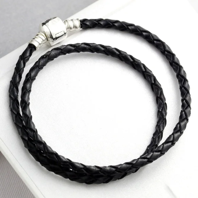 

Double Circle 925 Sterling Silver Genuine Leather Bracelet For Women Lobster Clasp fit Pandora Charm Beads Pendant Jewelry
