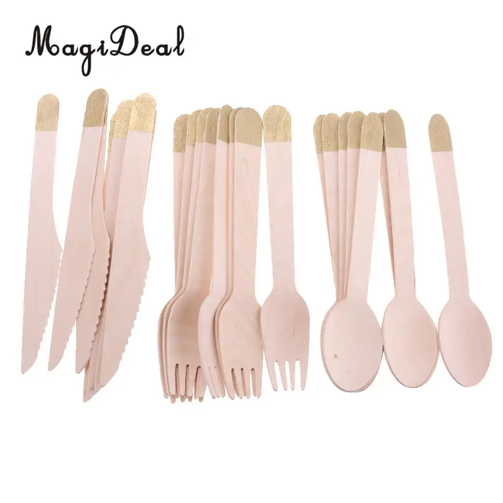 24pcs/Set Disposable Wooden Utensil Forks Spoons Knives Cutlery Set Wedding Birthday Party Tableware Serveware