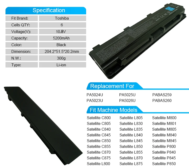 6 cell батареи ноутбука pa5024u pa5023u для Toshiba Satellite C800 C805 c845 C850 C855 C870 C875 L800 l805 L830 Бесплатная доставка