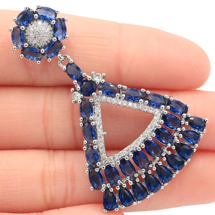 

2017 New Long Big 82pcs Gems London Blue Topas SheCrown Woman's Gold Silver Pendant 68x55mm