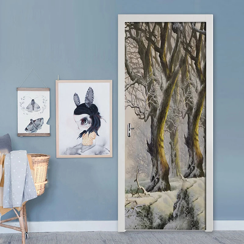 Картина 3D дверь стикер DIY Украшение Дома Дерево лес печать искусство наклейки самоклеющиеся водоотталкивающие обои для ремонта спальни