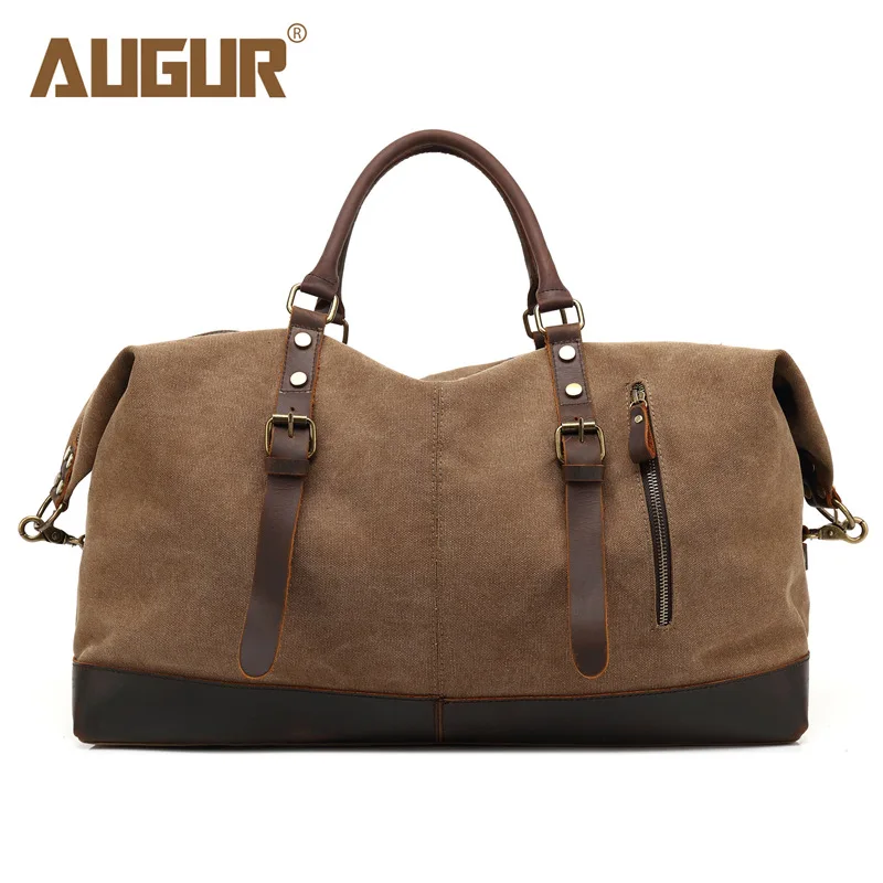 

AUGUR new large capacity vintage leather bags men's luggage packing duffel top-handle big bags canvas travel handbags for women
