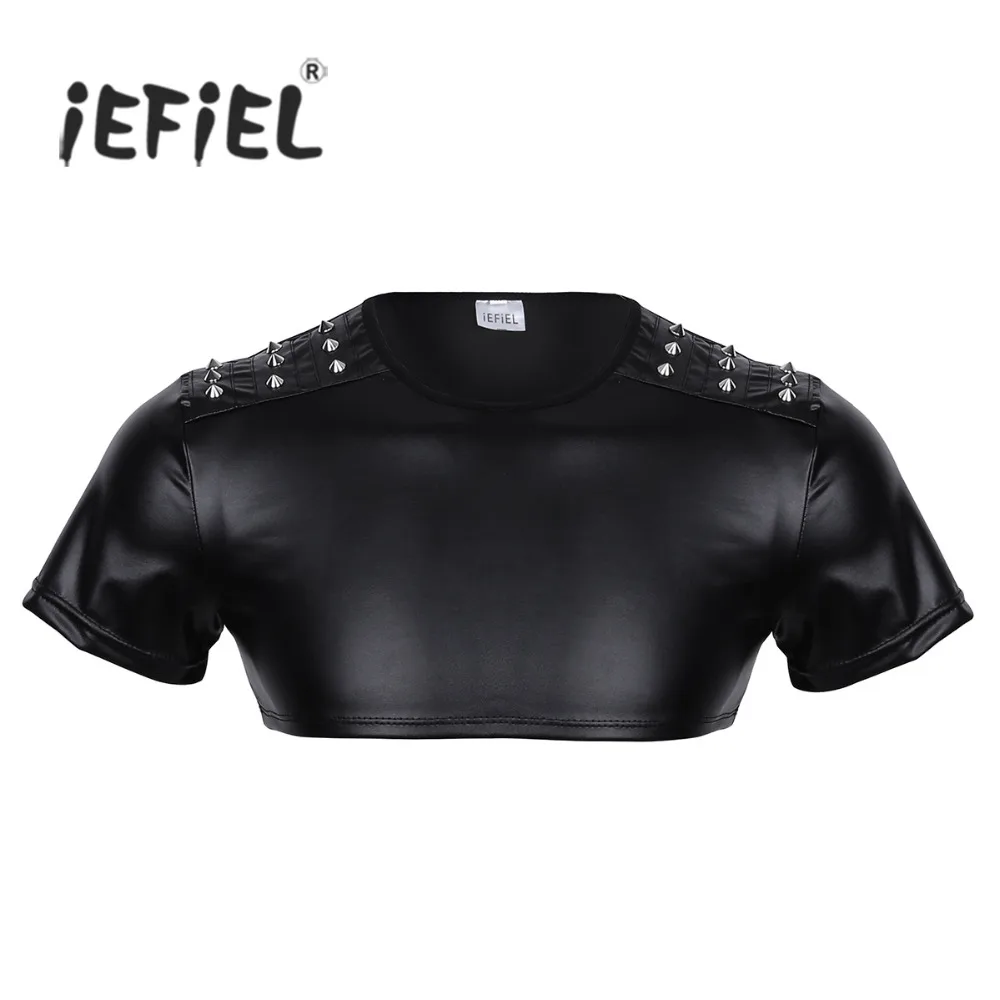 

iEFiEL Male Men Clothing Soft Faux Leather Short Sleeve Studded Muscle Half Tops Clubwear Costumes Show Daily Tees