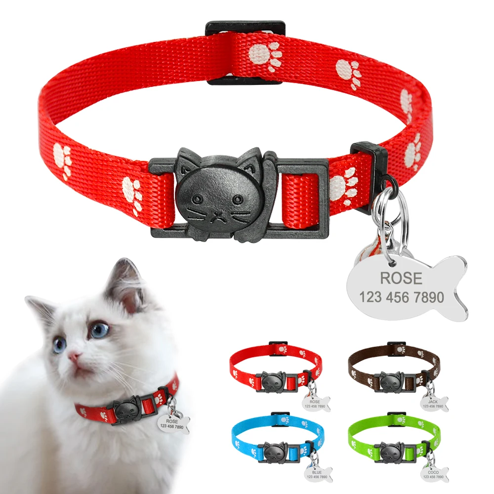 Quick Release Cat Collar and Tag Set Paw Print Nylon ...