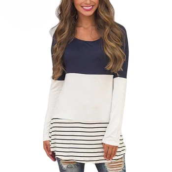

Womens Tops and Blouses 2019 Fashion Autumn Lace Stripe Tunic Shirt Long Sleeve Female Jumper Tops