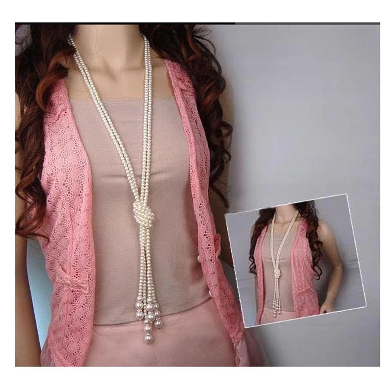 

Classic double knot imitation pearl tassel long knotted necklace long tassel necklace fashion sweater female suit jewelry gift