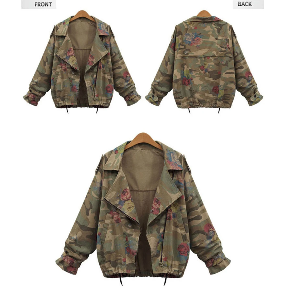 

YJSFG HOUSE Vintage Women Jackets Fashion Epaulet Casual Coats Autumn Loose Batwing Sleeve Camouflage Slim Floral Jacket Zipper