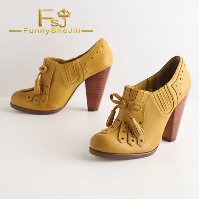 Желтые туфли-оксфорды на не сужающемся книзу массивном каблуке; Туфли-оксфорды с кисточками на каблуке в винтажном стиле; сезон весна-осень; женская обувь; Модная элегантная обувь; FSJ