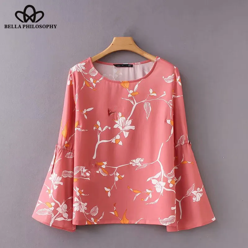 Wonder 2018 women vintage o neck floral print casual slim elegant chic blouse shirt women flare sleeve bowknot brand blusas tops
