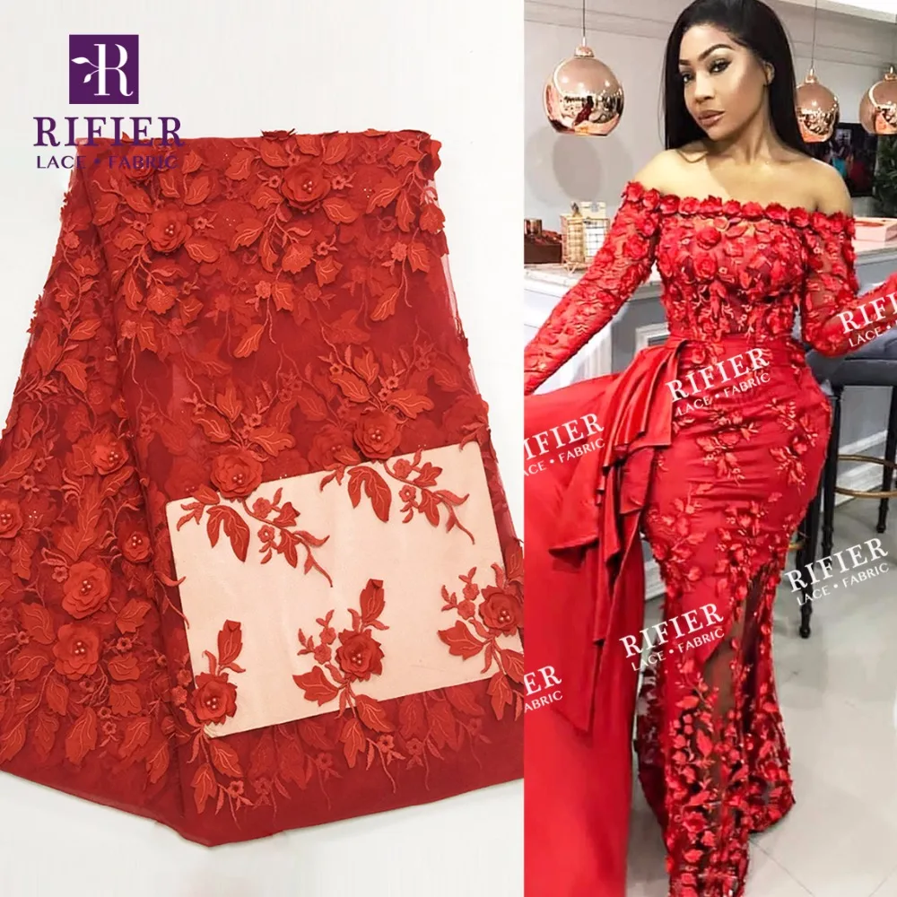 

3D Flower Applique African Lace Fabric With Beads Indian Red Color Wedding Material New Nigeria Applique Beaded Embroidered Lace
