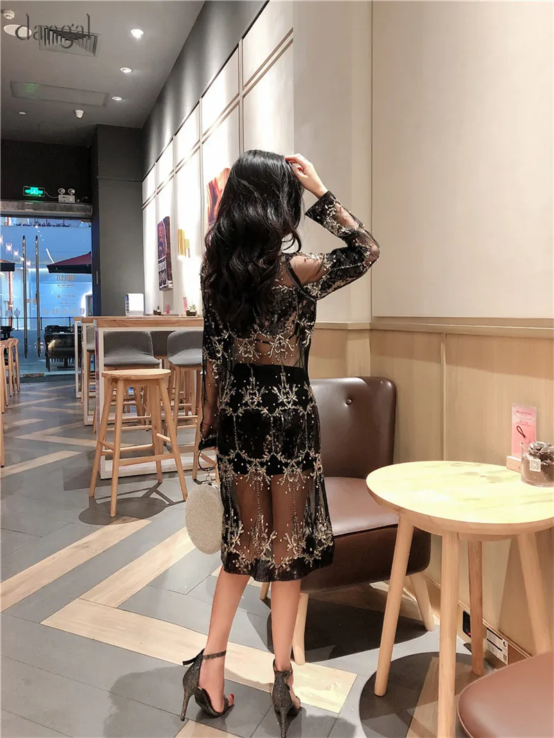 Dangal Sequin Luxury Women Dress Hip Hop Bling Heavy Beading Dress Women Dress Long Sleeve Sexy See-though Dresses For Party