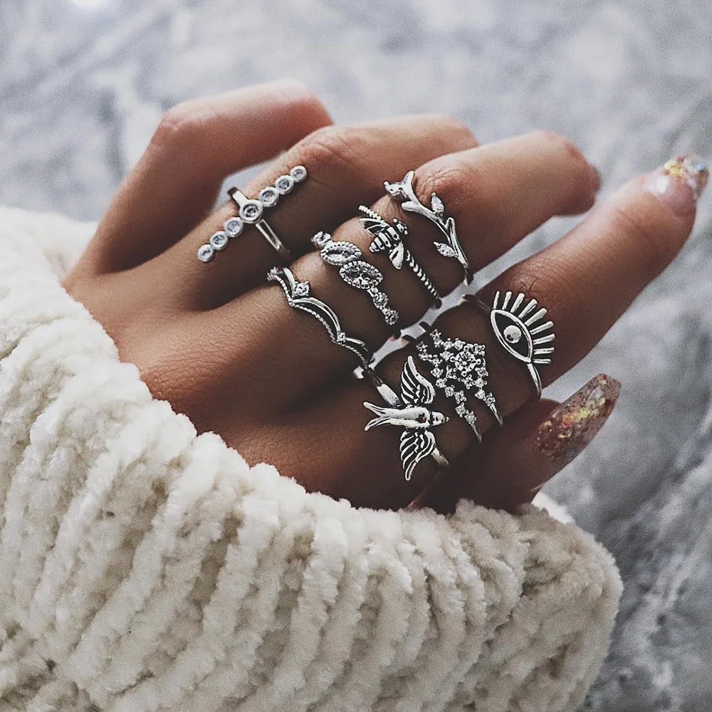 

New Women Ring Set Women Rings Bohemian Retro Crystal Silver Ring Star Moon Rings Vintage Gem Rings Set Women Wedding Rings
