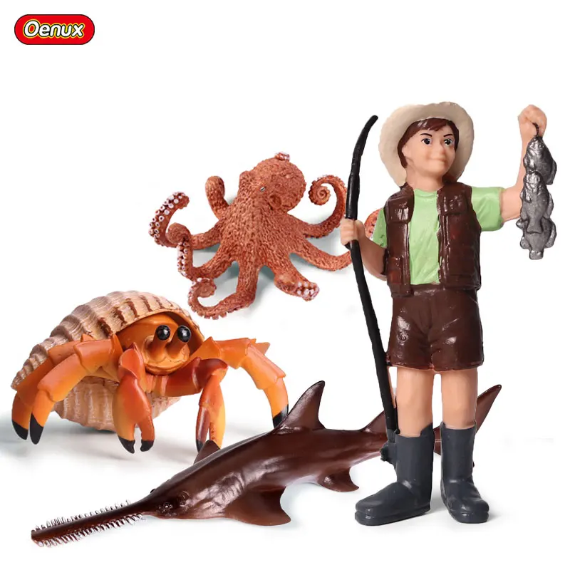 

Oenux Sea Life Animals Simulation Boy fishing Action Figures Hermit Crab Octopus Sawfish Model Figurines Education Toys Kid Gift