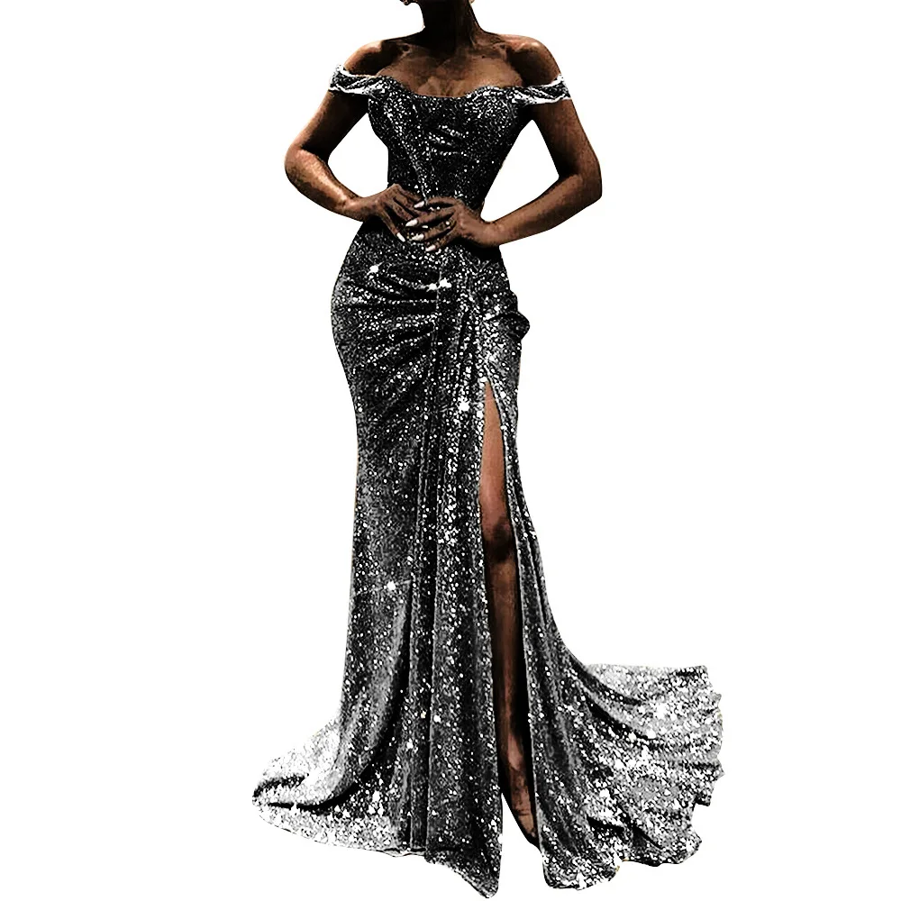 

Adogirl Slash Neck Maxi Dress Gathering Sequined Evening Party Dress High Split Pleated Banquet Night Dress Full Length Vestidos