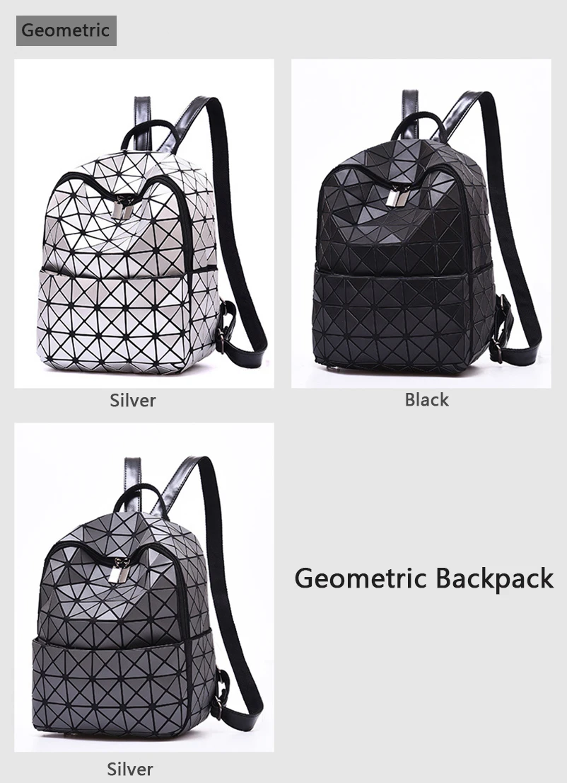 Nevenka Luminous Backpack Women Leather Geometric Backpacks Diamond Lattice Drawstring Backpacks Holographic Backpack Purse 201811