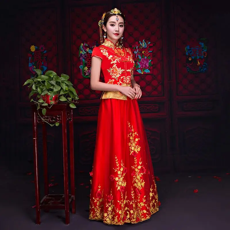 Китайский стиль звезды Свадебные шоу вышивка cheongsam платье халат одежда луговой дракон платье вечернее платье noiva Qipao Vestido