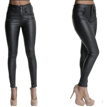 

High Quality Women Pocket Stretchy Sexy Faux Leather Leggings Pants Skinny High Waist Pants Black Wide match 2019