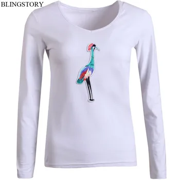 

BLINGSTORY Cotton T Shirt Women Autumn Long Sleeve Topv-neck Casual Big Size Embroidery Sequin Basic T-shirts S-6XL