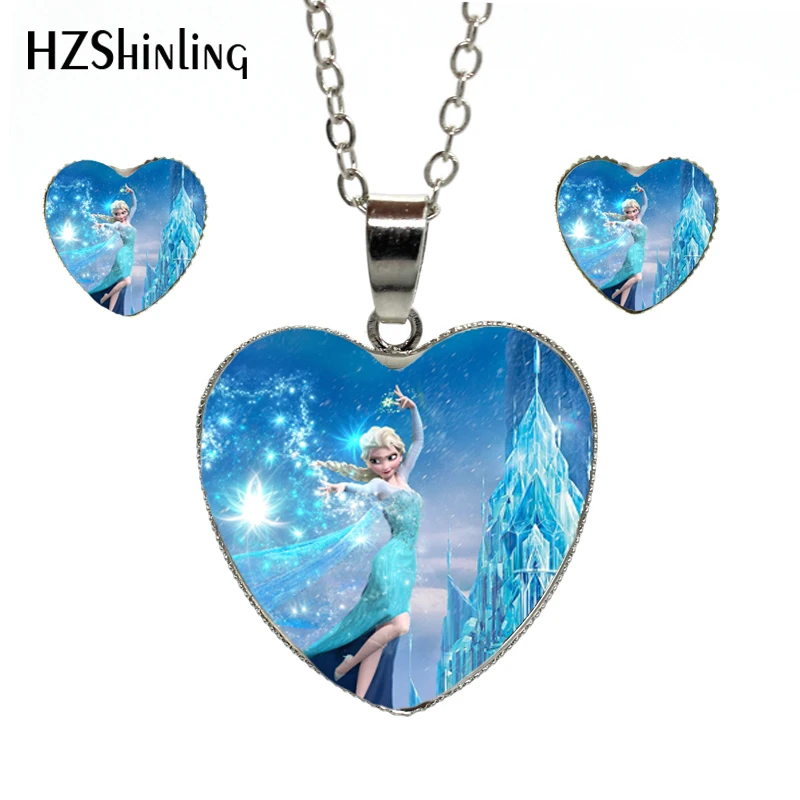 Новинка, модный серебряный комплект из ожерелья с сердцем и сережек, Ювелирный Комплект Эльзы, Снежной королевы, Анны, принцессы, ожерелье с сердцем, серьги
