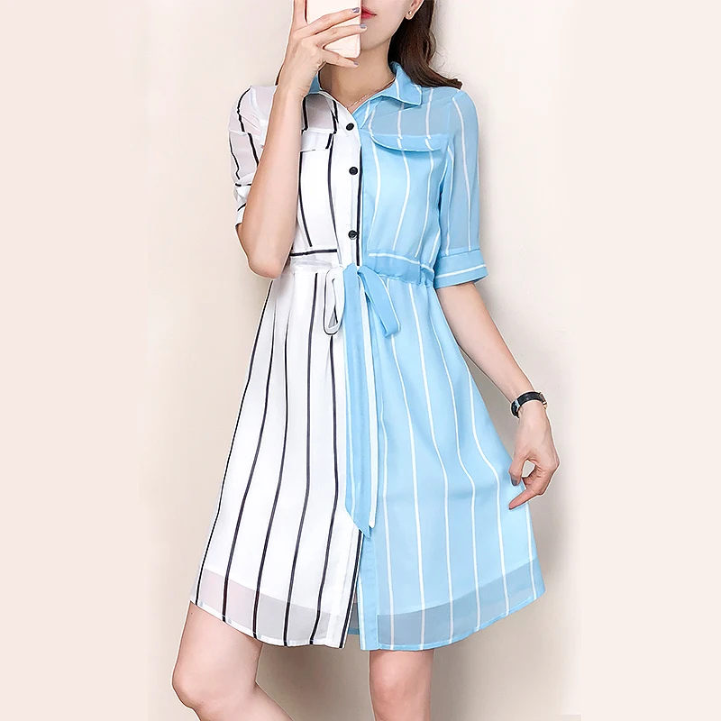 

2019 Streetwear Summer Chiffon Dress Women Short Sleeve Patchwork Shirt Dresses Ladies Plus Size Beach dress vestidos robe