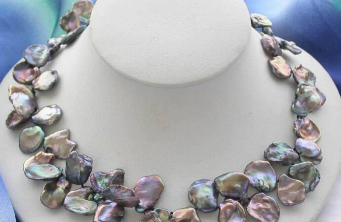 

0002027 GREAT 17" 20mm black baroque keshi reborn pearl necklace