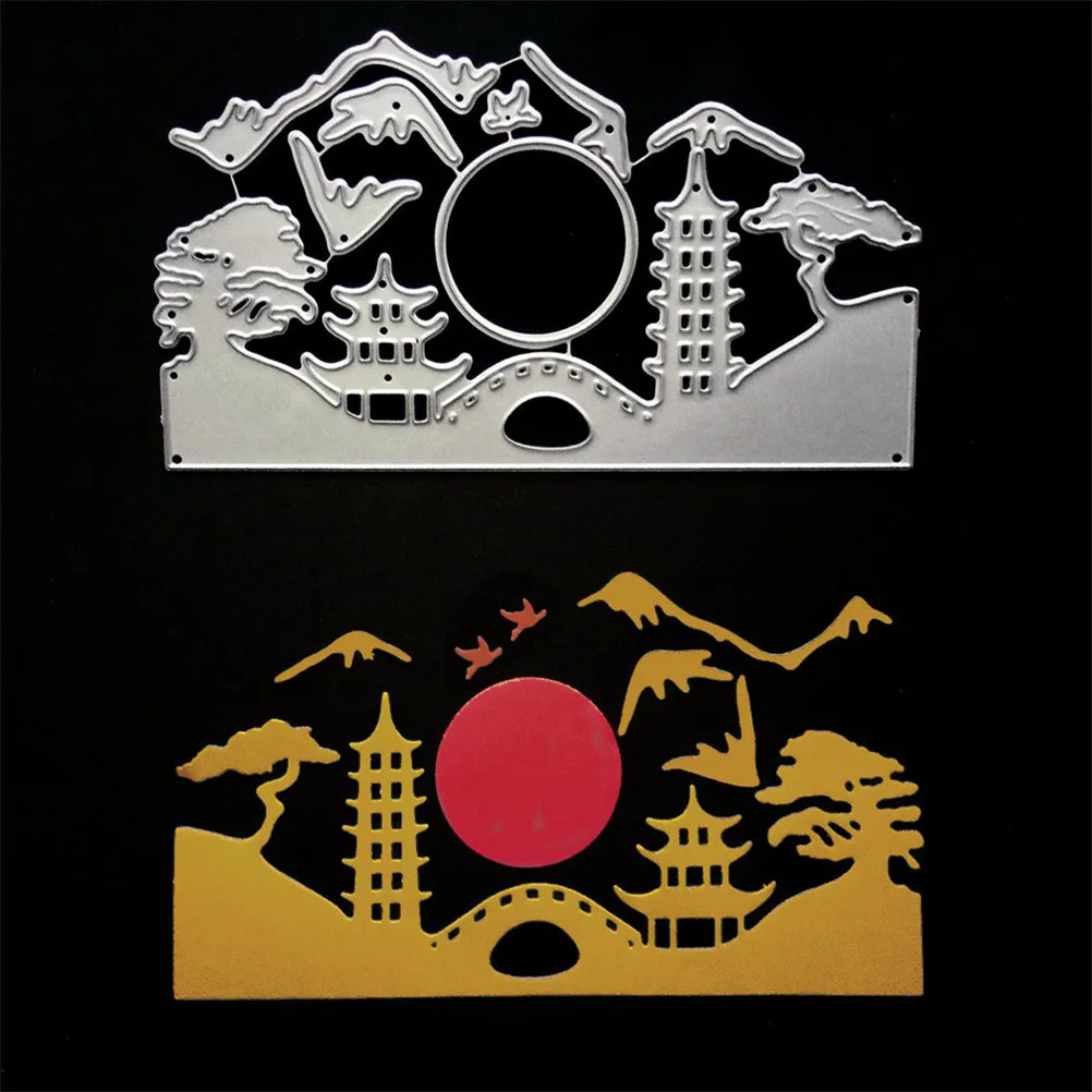 

sunset Pagoda brige tree birds flying Metal Dies Cutting Decorate Scrapbooking Craft Die Cuts Stamp Embossing Paper Card Stencil
