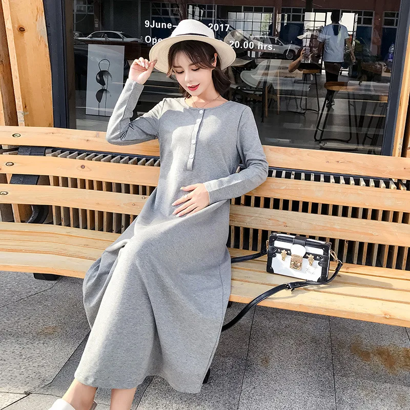 

2019 Autumn New Maternity Dress High Waist Loose Long Sleeve Pure Color Black Grey Dresses Pregnancy Clothes Lactation Dresses