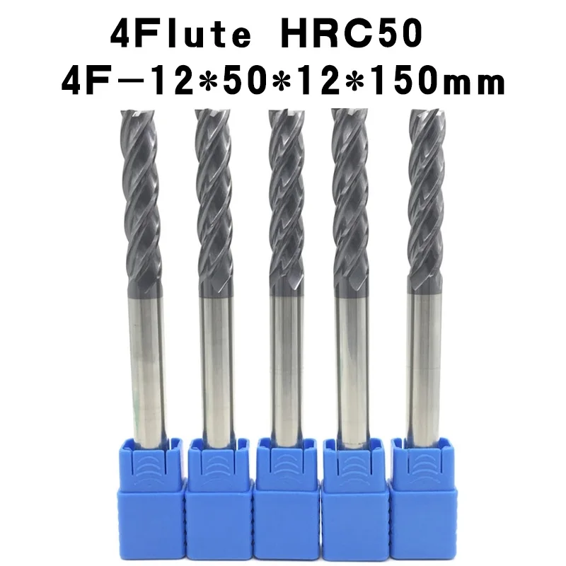 5PCS 4F D12 150L HRC50 Material Carbide Square Flatted End Mill 4flute