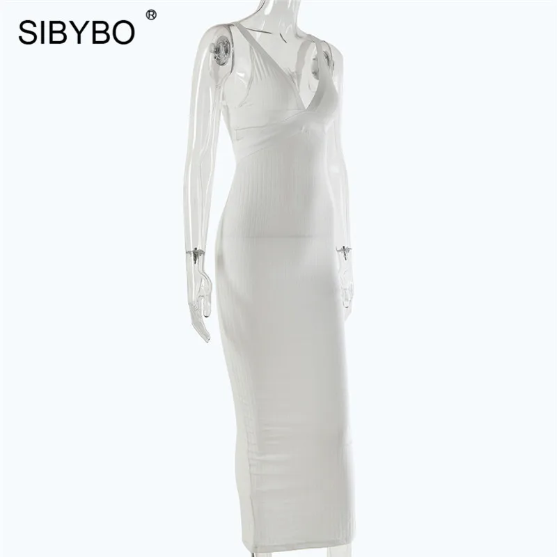 Sibybo, с разрезом, с открытой спиной, сексуальное длинное платье, вечерние, с глубоким v-образным вырезом, без рукавов, Осеннее, женское платье, на тонких бретелях, повседневное, облегающее платье