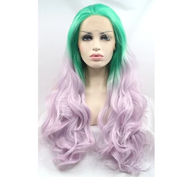 

JOY&BEAUTY hair Glueless Long wavy wig Synthetic Lace Front Wig Green to purple ombre wig 70cm free shipping