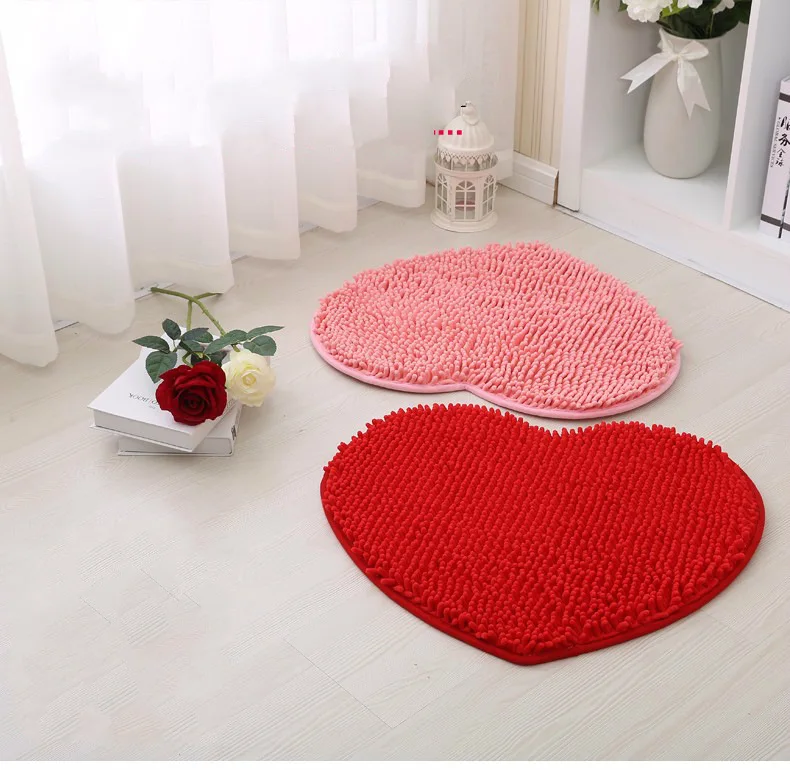 Chenille Fluffy Pink Red Love Heart Floor Mats Bathroom Bath Mats