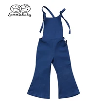 Летние новые милые детские джинсовые комбинезоны для девочек Одежда для маленьких девочек с лямками и штанами Стильные Детские расклешенные штаны комбинезоны со шнуровкой, одежда