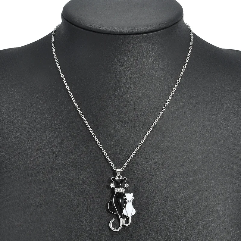 Crystal Cat Pendant Necklace Women Best Friends BFF Charm Jewelry Love Black White Gifts Animal