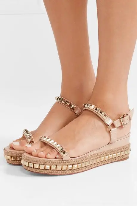 Moraima Snc Gold Rivets Studded Woman Sandals Summer Open Toe Platform Wedge Shoes Nude Leather Ankle Strap Cutouts Dress Heels | Обувь