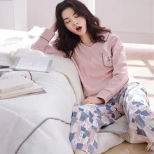 Для женщин хлопковые пижамы Осень Зима комплект повседневное печати женская пижама костюм пижама с длинными рукавами плюс размеры Пул