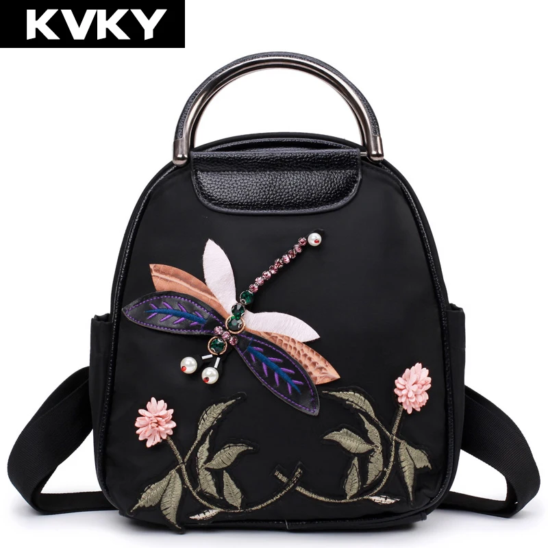 

KVKY Brand Fashion Embroidery Women Nylon Backpacks School Bag for Teenage Girls Lady Causal Travel Backpack Mochila Mujer