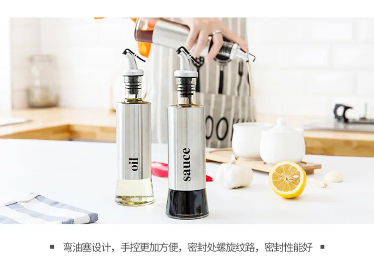 Home Kitchen Glass Oil Pot Creative Stainless Steel Seasoning Bottle Leakproof Soy Sauce Bottle Kitchen Seasoning Set