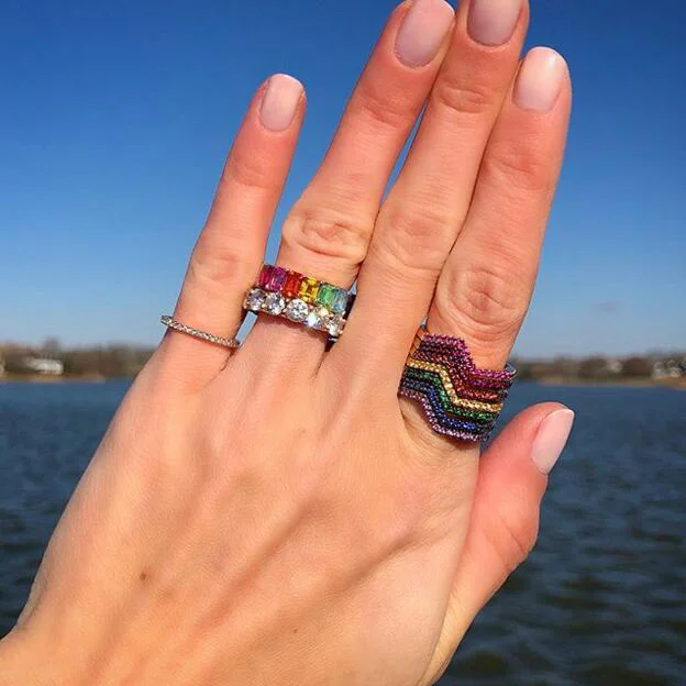 

2019 new arrived thin gold color stack finger rings with colorful cz paved for women lady girl rainbow rings for wedding gift