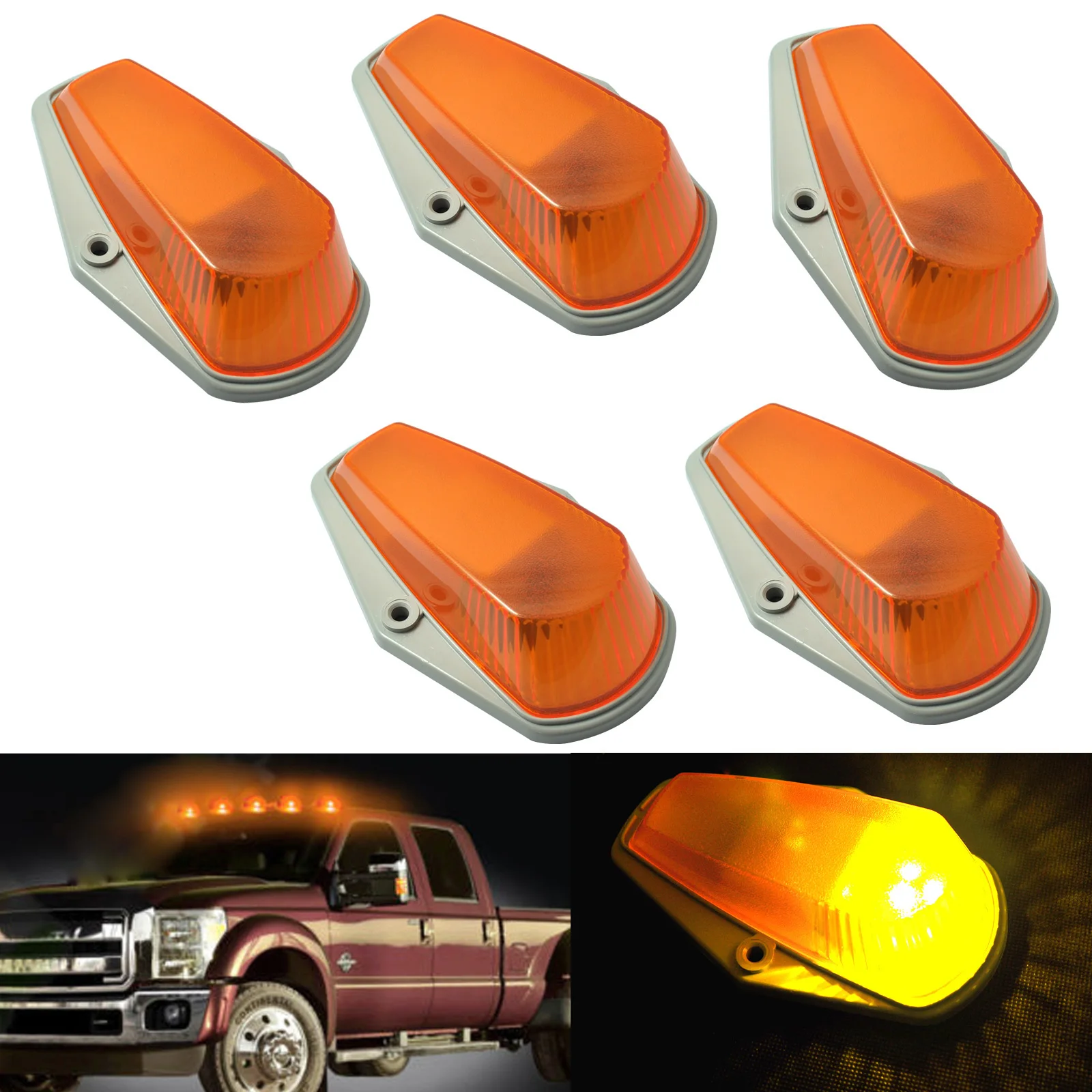 

5 pcs Car Cab Roof Light Marker Amber Covers w/ Base Housing For Car 80-97 Ford F Super Duty