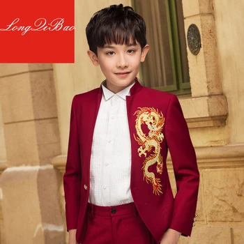 

High quality boy dress set embroidered dragon host children's suit flower girl Chinese stand collar dress show suit
