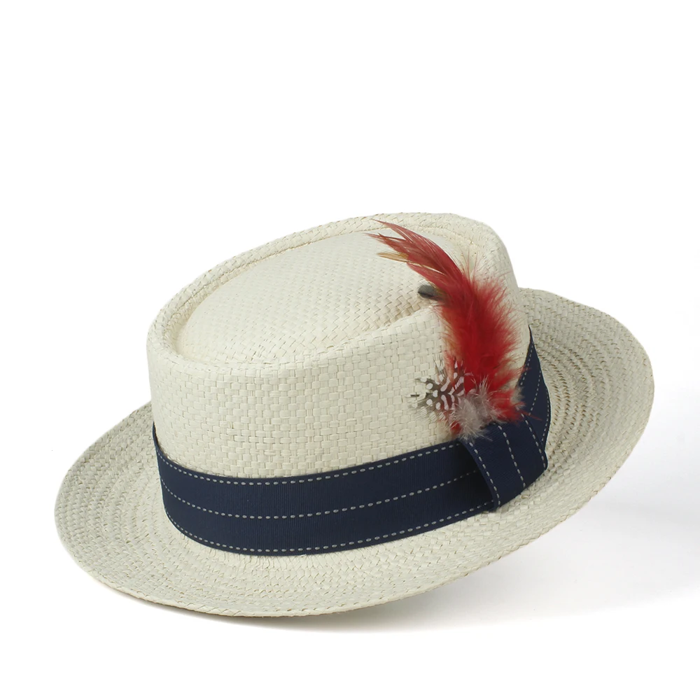 Женская и мужская летняя шляпа-пирожок Солнцезащитная шляпа Женская плоская перьевая пляжная Панама Солнцезащитная шляпа Размер 57-60 см - Цвет: Light Straw