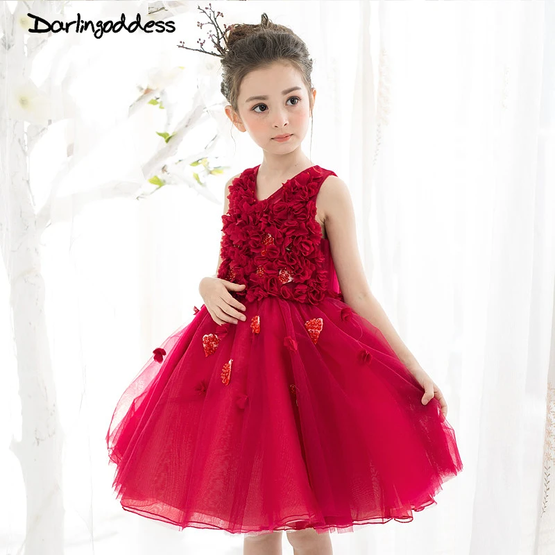 

2017 Elegant 3D Flower Girl Dresses Burgundy Summer Ball Gown Formal Events First Commuion Girl Dresses for Kids Wedding Gowns