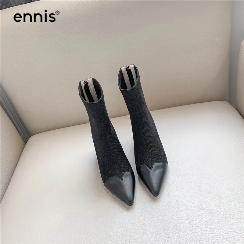 ENNIS/ г. ботинки на высоком каблуке женские ботинки из эластичной ткани женские ботильоны с острым носком черная обувь на молнии Осенняя модная новинка, A944