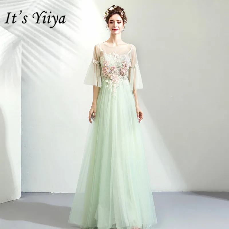 

It's YiiYa Prom Gowns Green O-neck Half Sleeves A-Line Floor Length Long Party Dress Custom Plus Size Prom Dresses 2019 E282