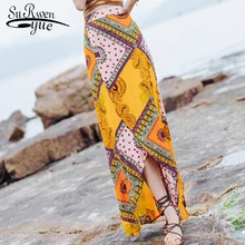 Мода в богемном стиле, летняя юбка с пикантным разрезом печати шифон юбка женская повседневная элегантный, до середины лодыжки пляжная юбка 0084 30