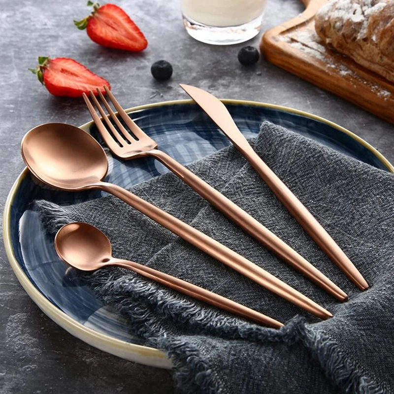 

3 sets KuBac Hommi 18/10 Stainless Steel Steak Knife Fork Matte Rose Gold Cutlery Set Matte Dinnerware Set Drop Shipping