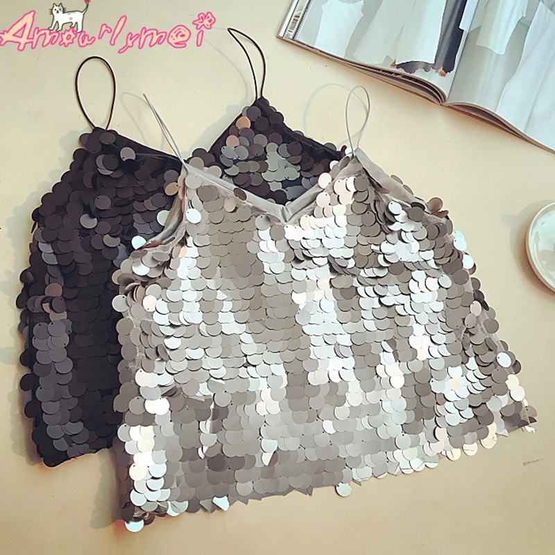 Sequin Cami сексуальный укороченный топ, летний женский топ на бретельках, тонкий топ с открытой спиной, Обрезанные Топы