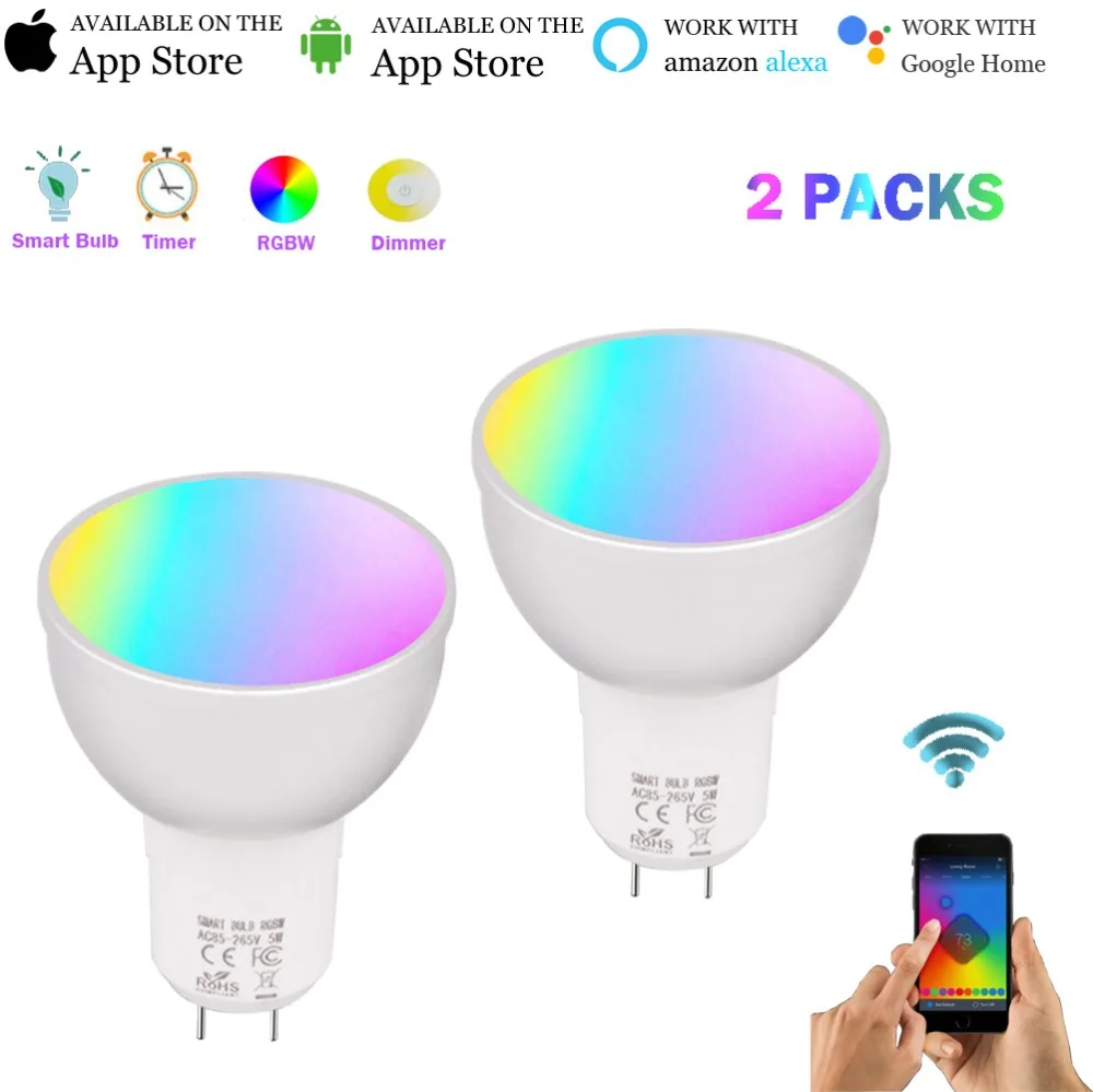 

WiFi Smart Bulb GU5.3 5W,RGBW Smart LED Light,WiFi Smart Light GU5.3, 50W Equivalent,Works with Alexa Google Home (2 Pack)
