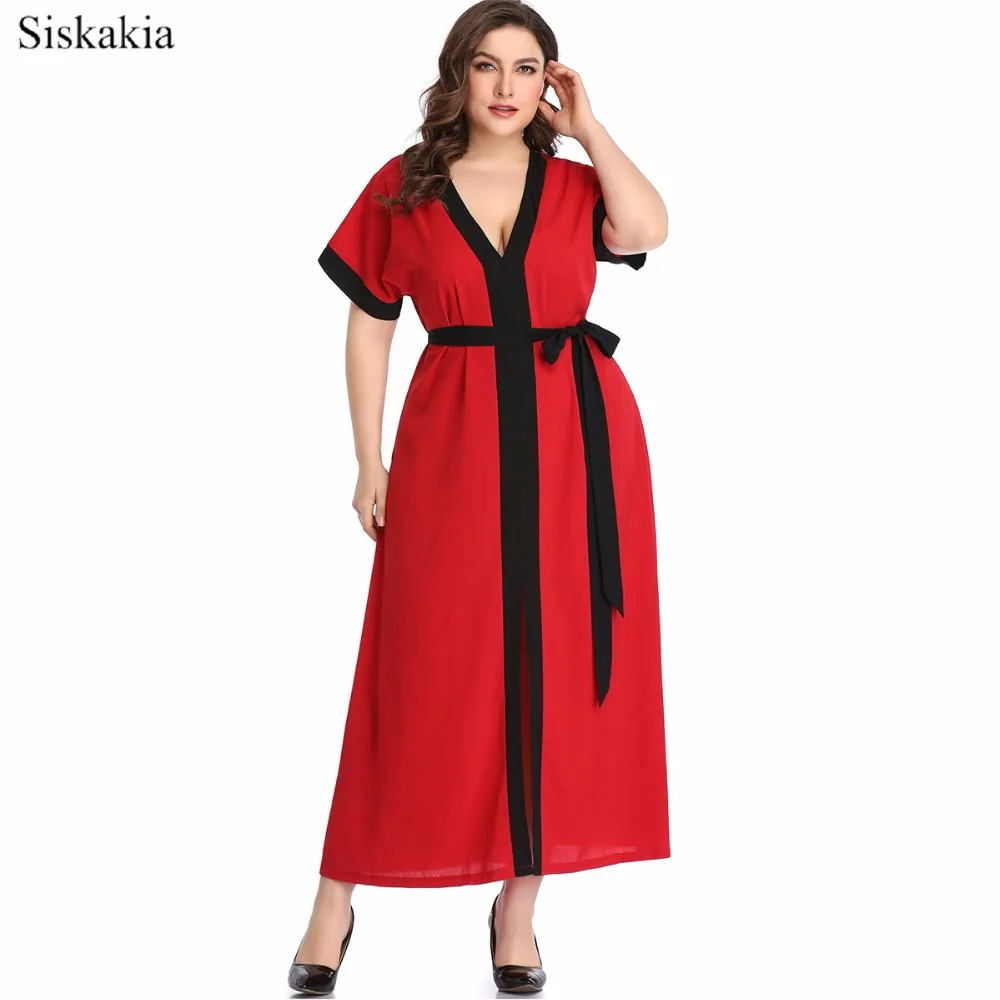 Siskakia Summer Maxi Dress For Women Stripe Color Block Patchwork Front Split Plus Size Female Party Dresses With Belt 2019 New  (6)